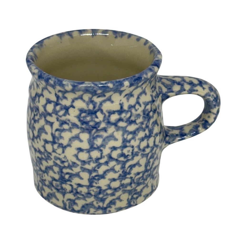 VTG Rowe Pottery Works Mug Blue Sponge Spatter Stoneware 1991 Cambridge WI USA